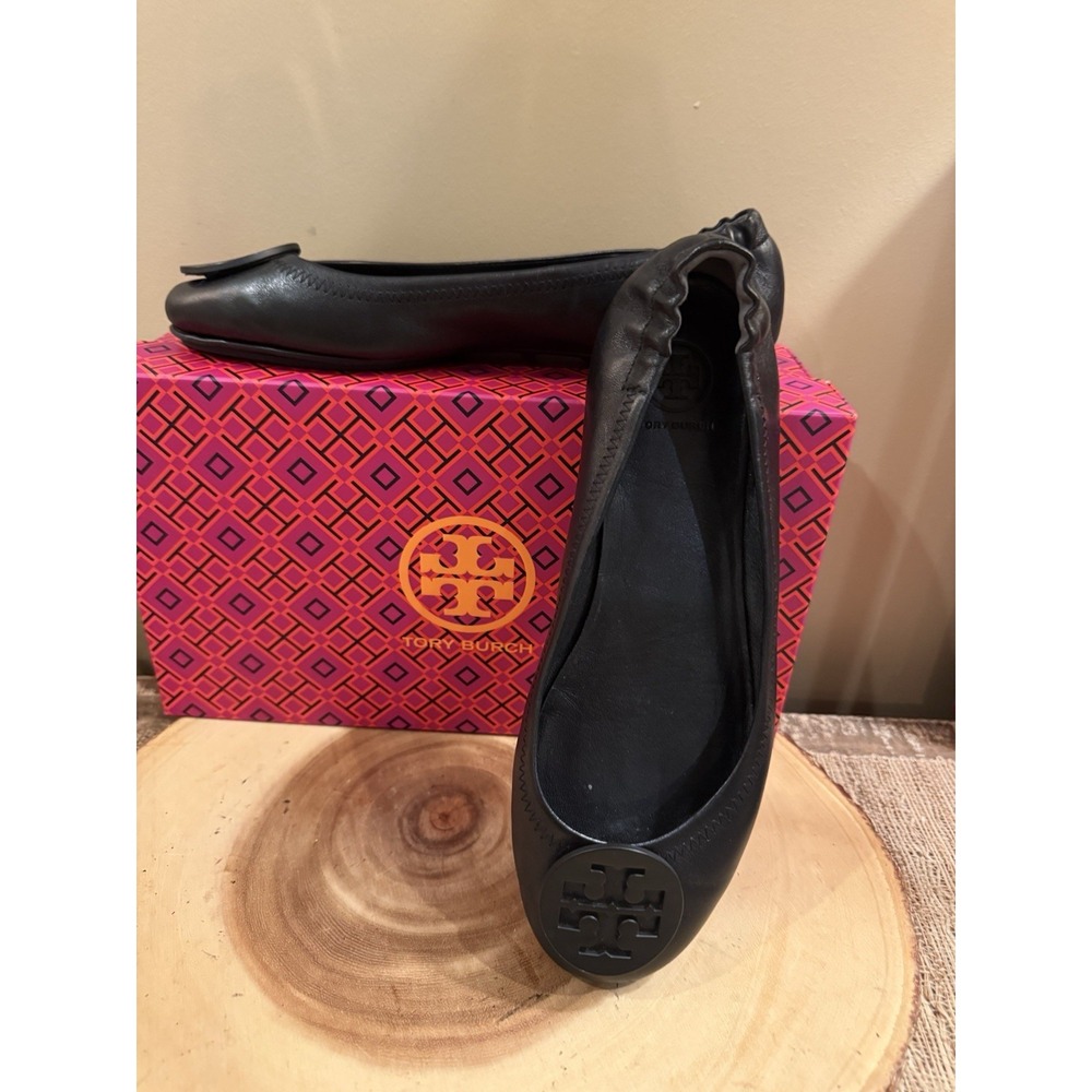 Tory Burch Minnie Travel Ballet Women's Pebble Leather‎ Perfect Black Sz-9